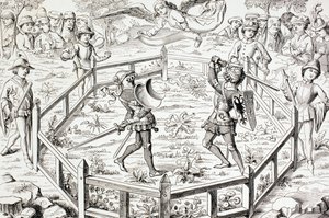 2人の騎士が対決を戦う、ポールラクロワによる「中世の軍事と宗教生活」から、ロンドンc.1880を発表 作： French School